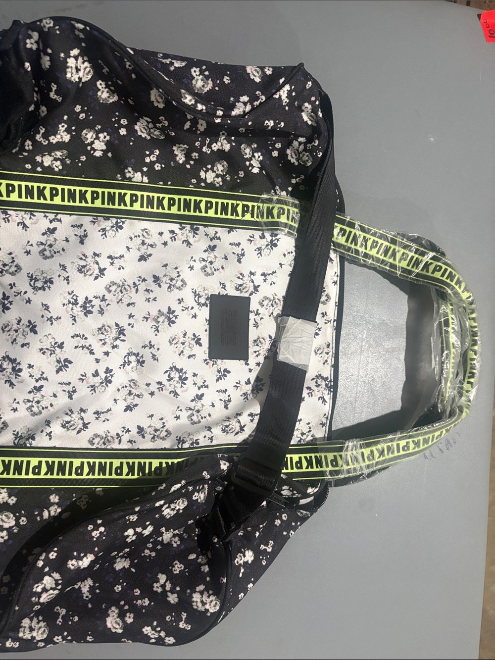 PINK Victoria's Secret Black Floral Tote Bag with Neon Logo Trim